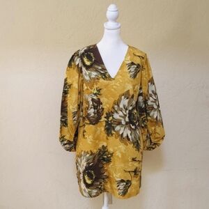 LIKE NEW H&M Yellow Floral Balloon Sleeves Cotton Mini Shift Dress Size Small